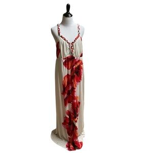 SNAP Women's Size 3X Maxi Dress Braided Straps Empire Waist Floral Print Creme